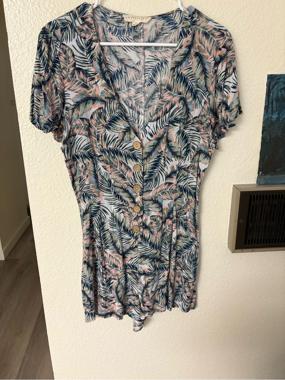 Love Stitch Pink & Blue Palm-Print Button Romper